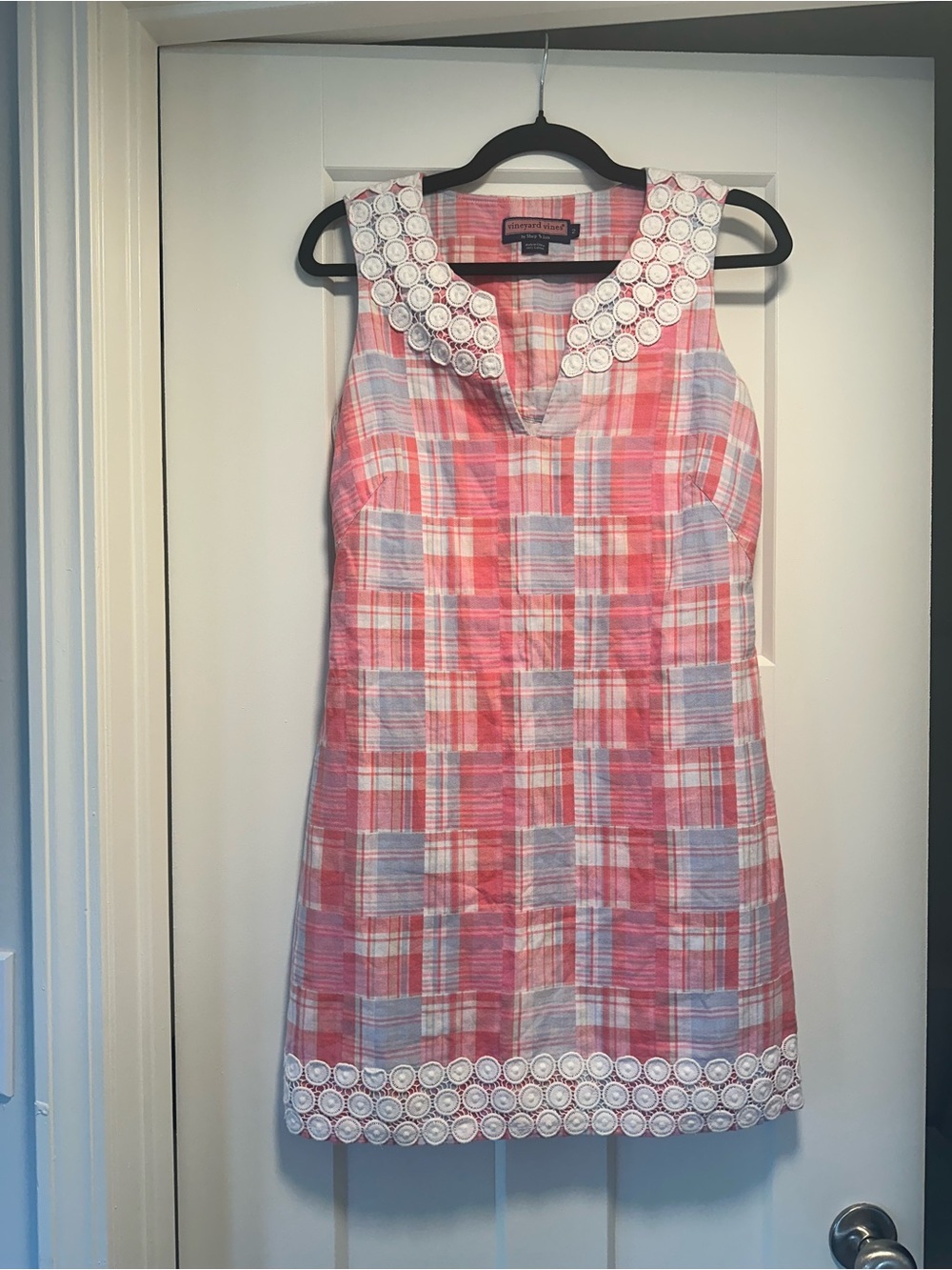 Vineyard Vines Pink and Blue Plaid Sleeveless Shift Dress with Lace Trim
